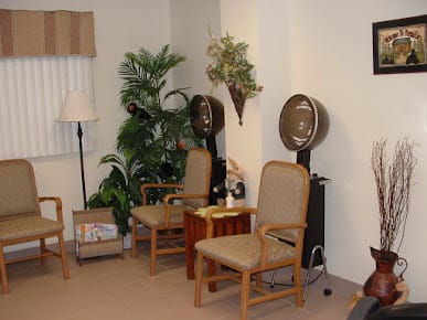 A cozy salon interior with chairs, hair dryers, and decorative plants.