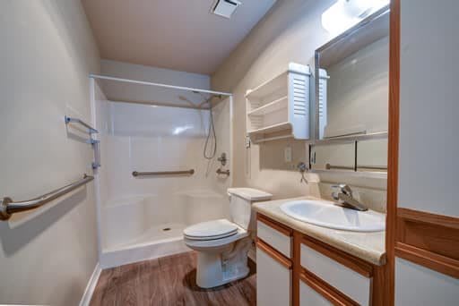 A spacious bathroom with a sink, toilet, and shower equipped with grab bars for accessibility.