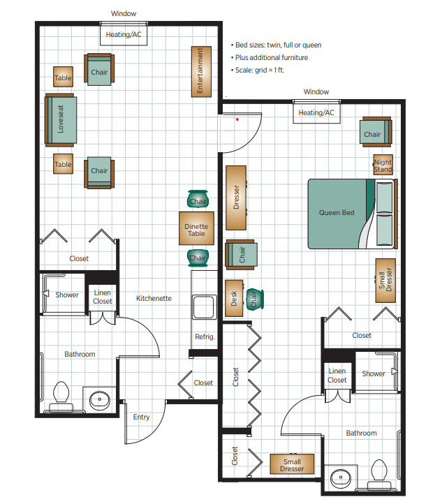 A detailed floor plan of an apartment layout, featuring rooms and furniture placements.