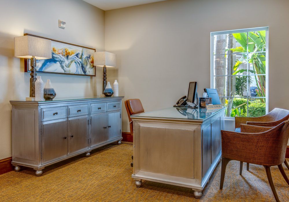 A neatly arranged office space with a desk, chairs, and decorative elements.