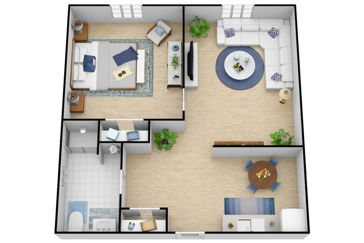 A 3D floor plan of a one-bedroom apartment featuring a spacious living room, kitchen, and bathroom.