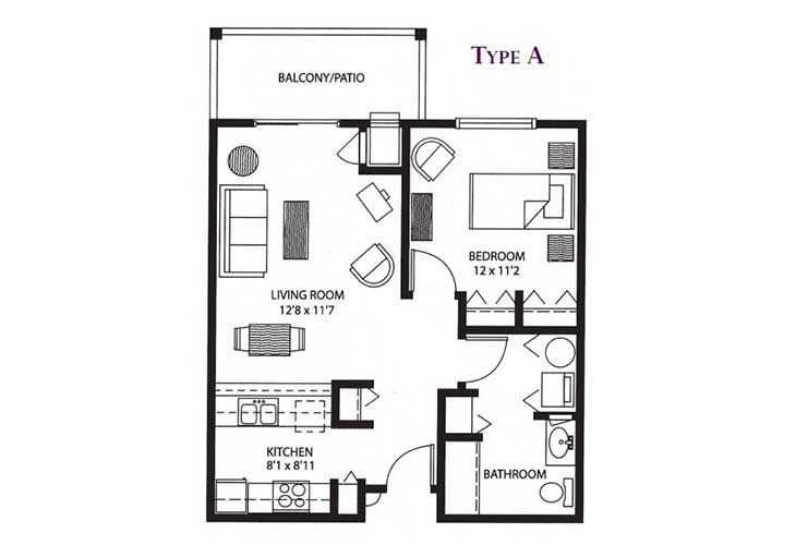 A floor plan for a Type A apartment, featuring a living room, kitchen, bedroom, bathroom, and balcony.