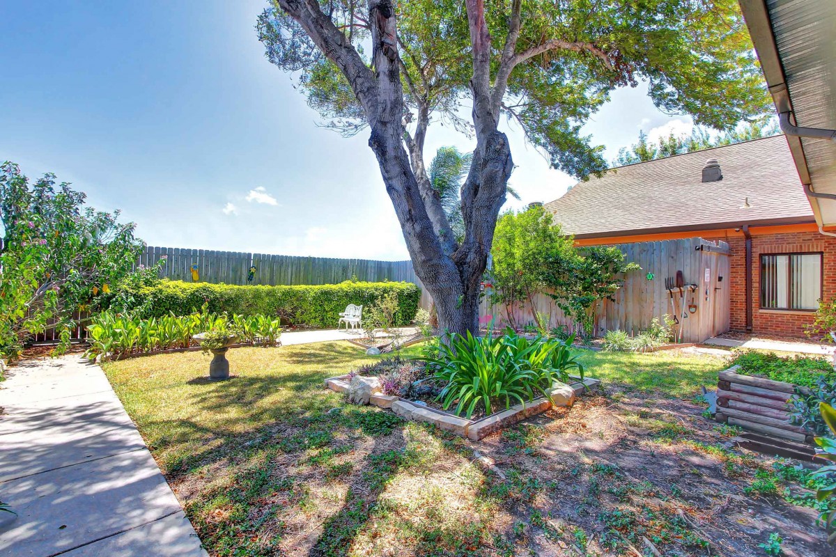 A sunny backyard featuring a large tree, a well-maintained garden, and a fence enclosing the area.
