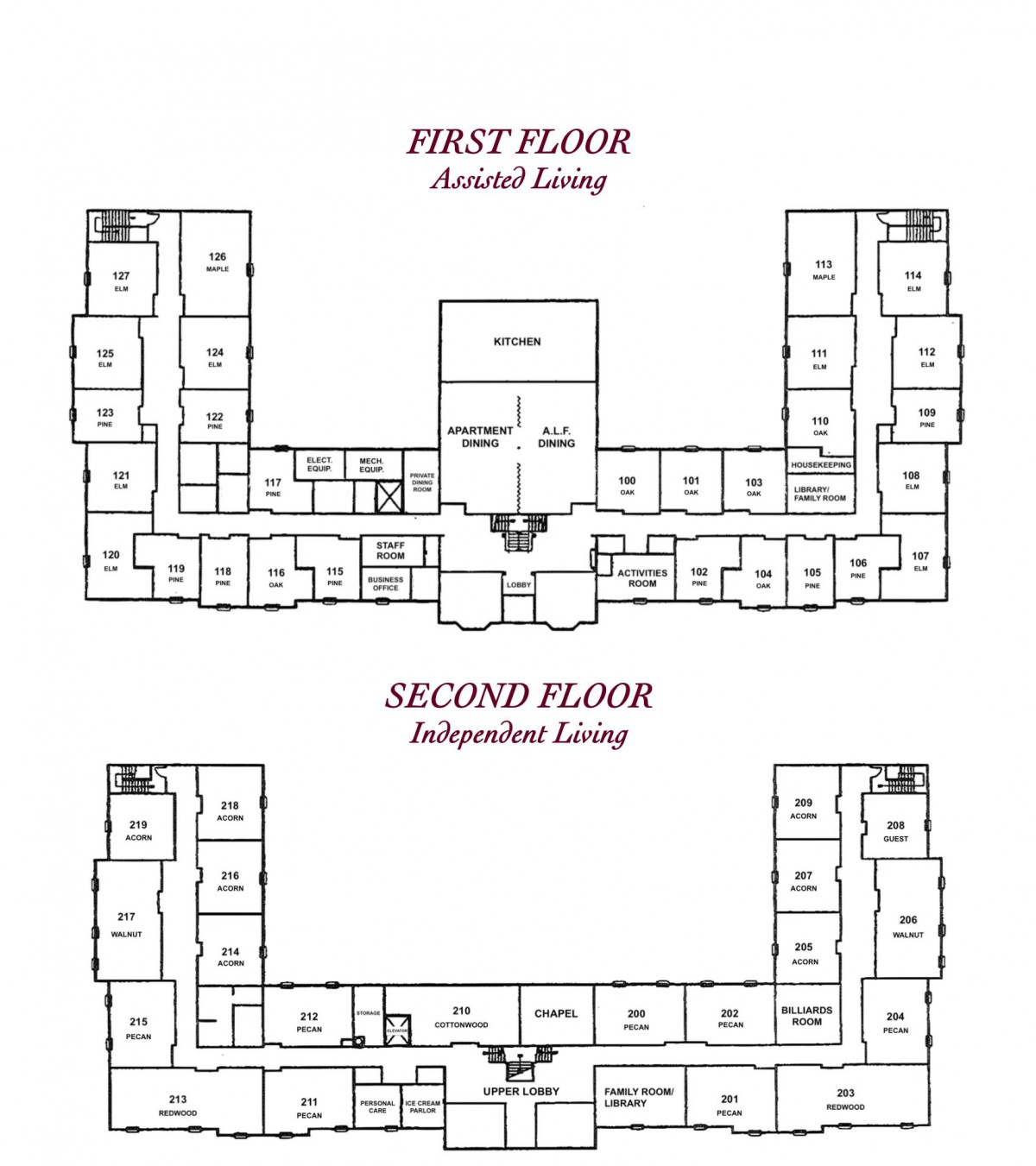 Floor plans showing the layout for first and second floors, indicating assisted and independent living arrangements.