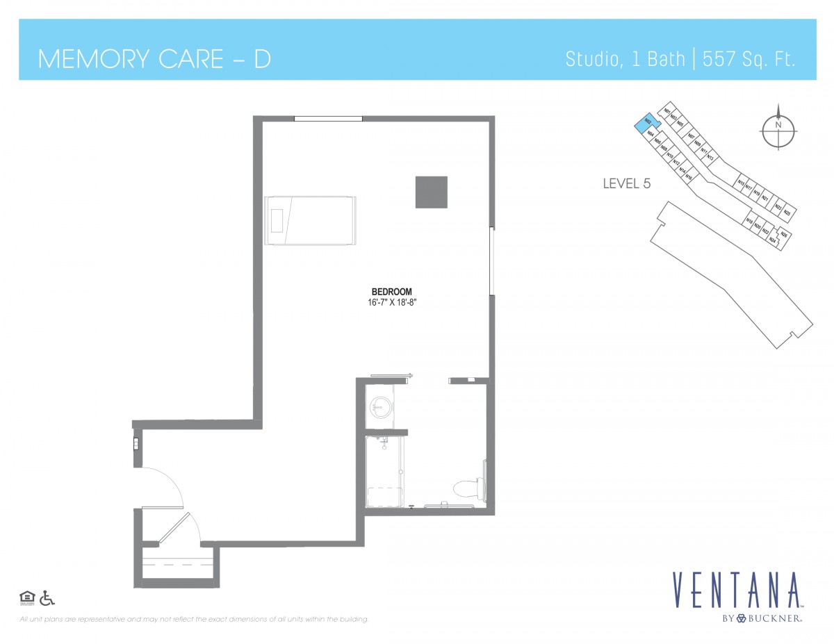 A detailed floor plan of a one-bedroom apartment with designated areas for kitchen, bathroom, and living space.