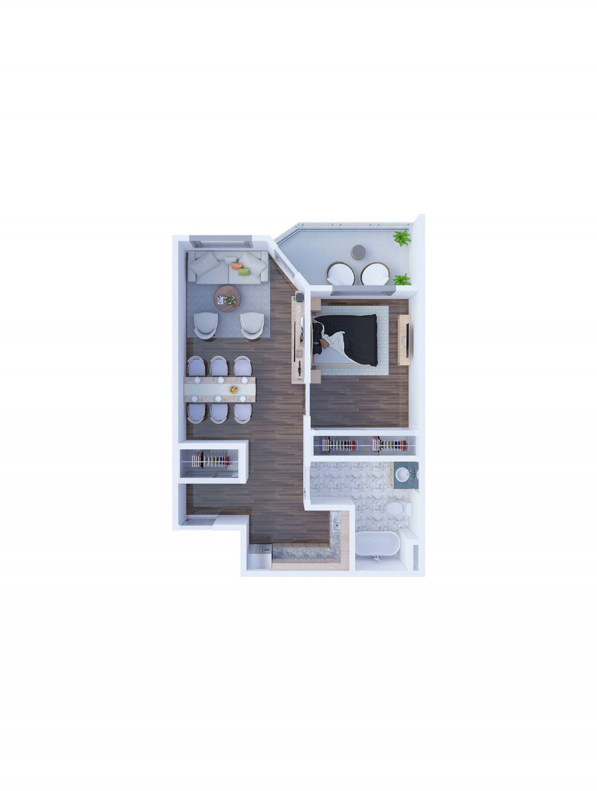 A detailed floor plan showing the layout and furniture placement of an apartment.