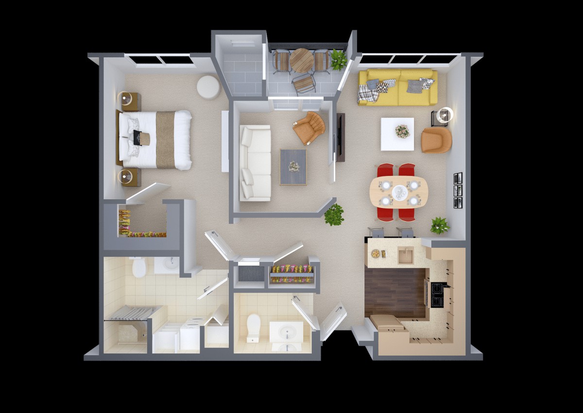 A detailed floor plan of a two-bedroom apartment featuring a living room, kitchen, dining area, and bathroom.