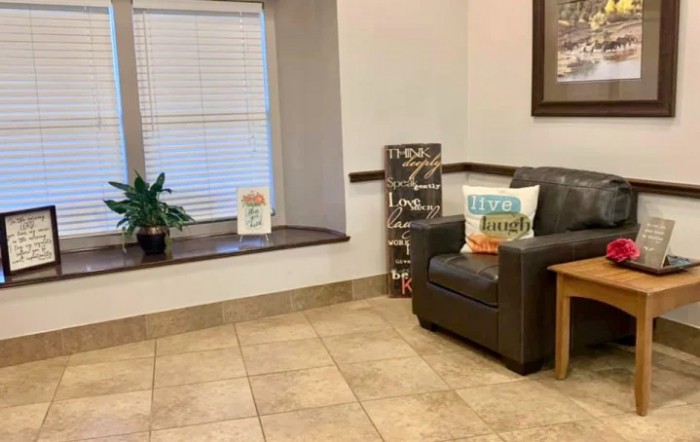 A cozy waiting room with an armchair, decorative pillows, and a potted plant by the window.
