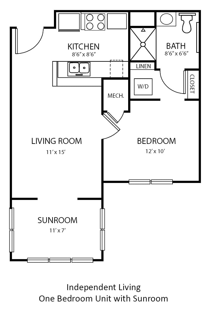 A floor plan of a one-bedroom apartment featuring a living room, sunroom, kitchen, and bathroom.