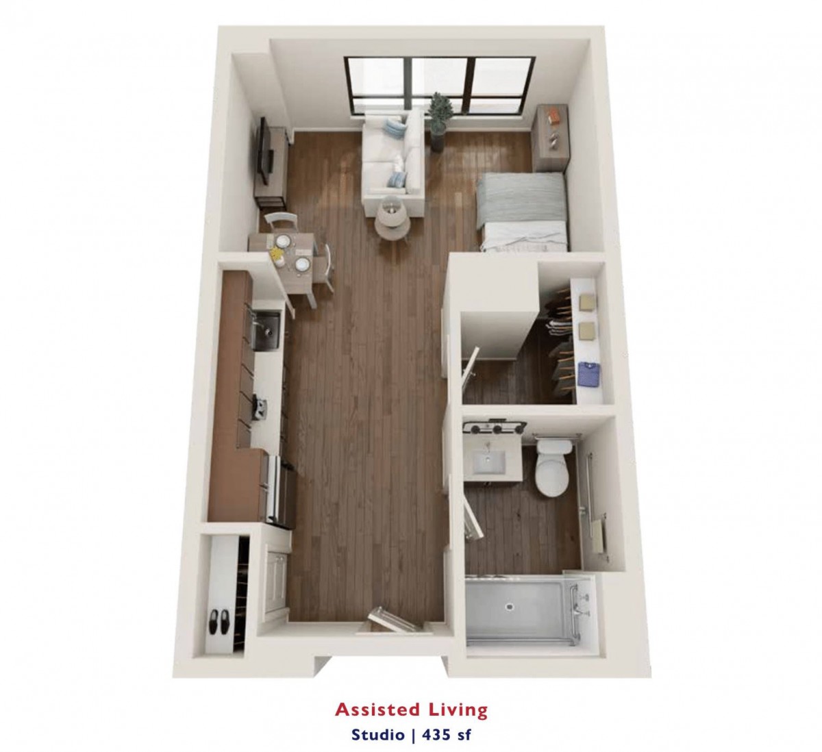 3D floor plan of a studio apartment showing the layout and design.