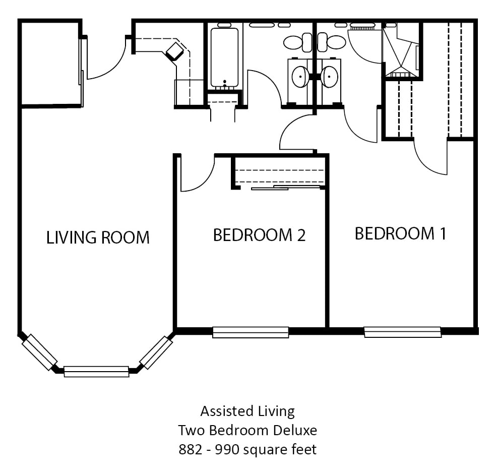 Floor plan of a two-bedroom deluxe apartment with living room.