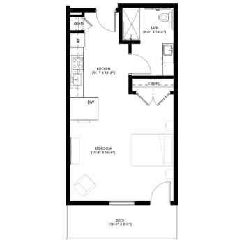 Studio apartment floor plan with open living area, kitchenette, and bathroom.