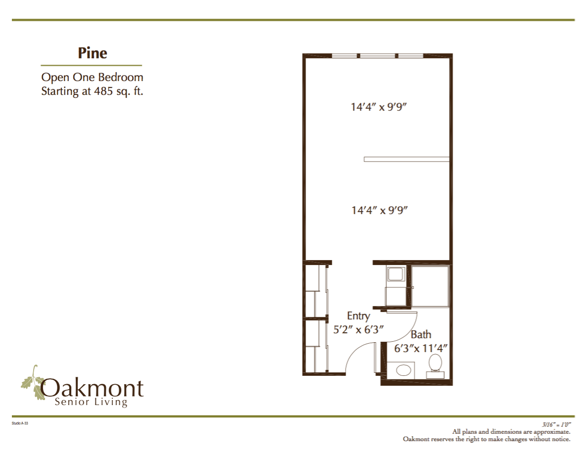 Oakmont studio floor plan with one bedroom and a total of 493 sq. ft.