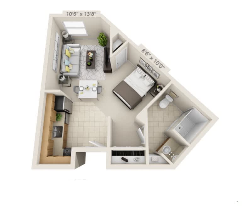 A 3D floor plan of a one-bedroom apartment with a kitchen, living area, and bathroom.