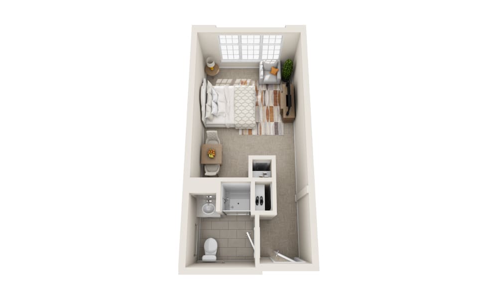 A 3D floor plan of a compact studio apartment featuring a bedroom, living area, and bathroom.