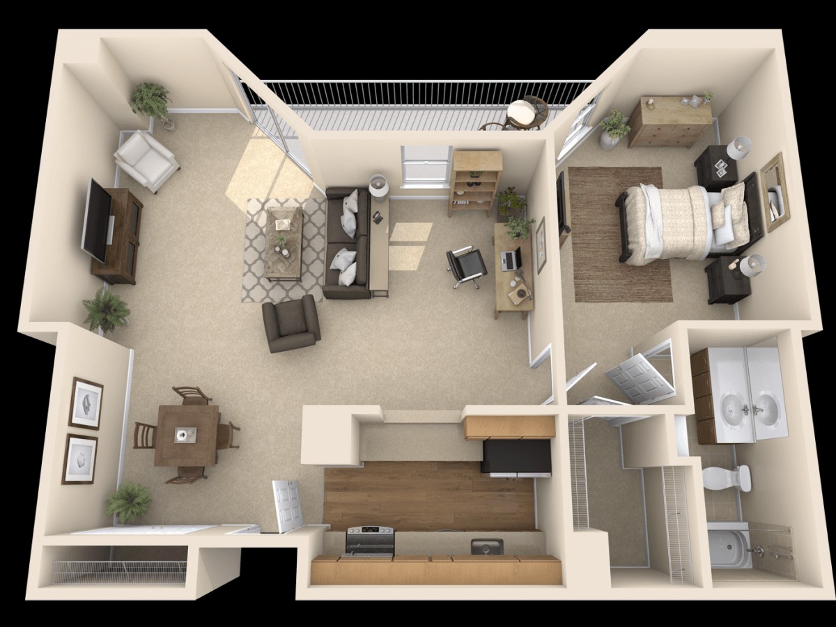 A 3D floor plan of a one-bedroom apartment including a living room, kitchen, dining area, and bathroom.