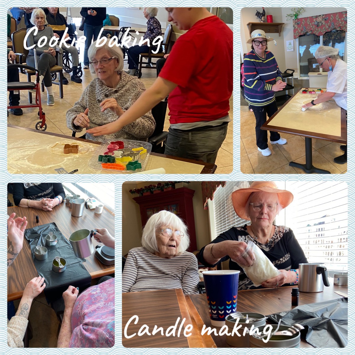 Seniors enjoying cookie baking and candle making activities.