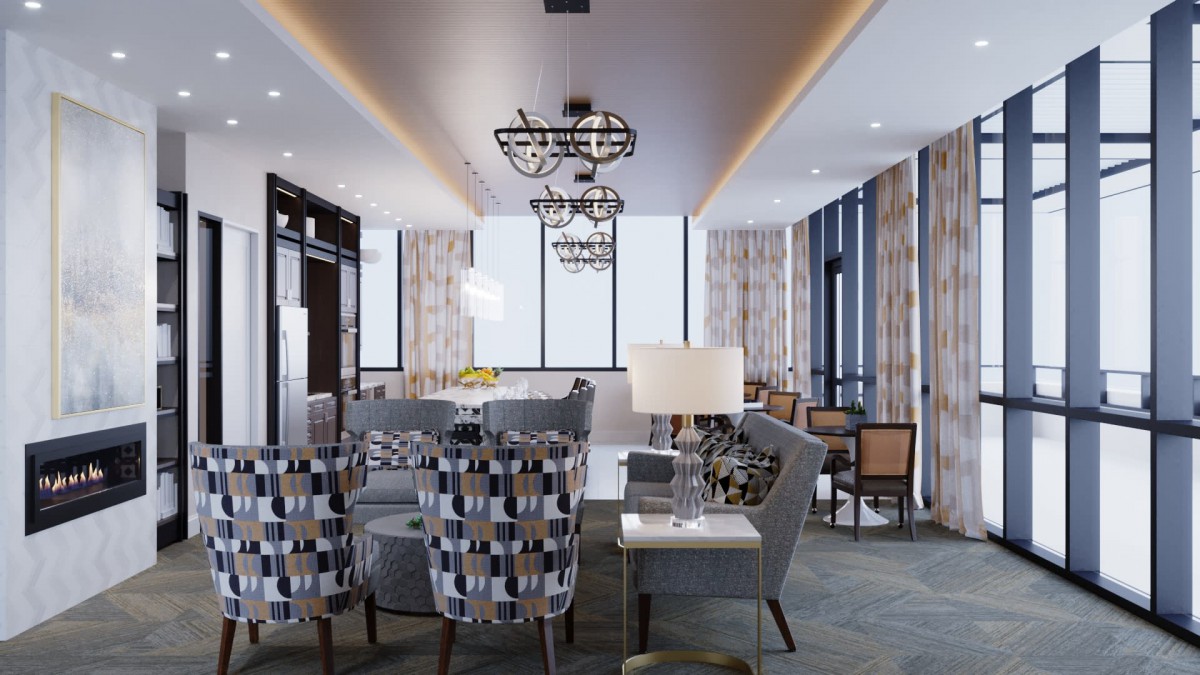 A modern living and dining space with stylish furniture and elegant lighting.