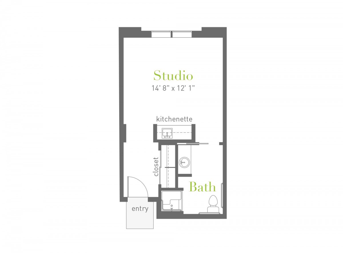 A floor plan of a studio apartment with labeled areas for the studio space and bathroom.