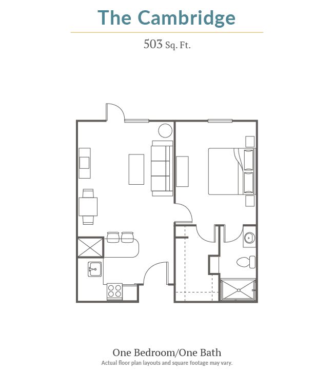 A floor plan of 'The Cambridge' apartment, measuring 505 sq. ft.