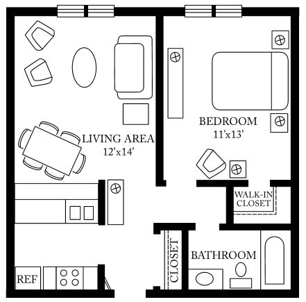 A floor plan of a one-bedroom apartment with a living area, kitchen, bathroom, and walk-in closet.