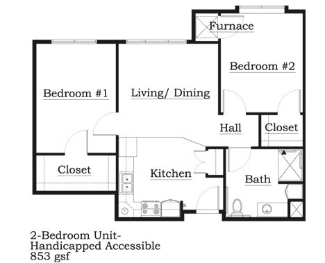 A floor plan of a handicapped accessible 2-bedroom apartment layout.