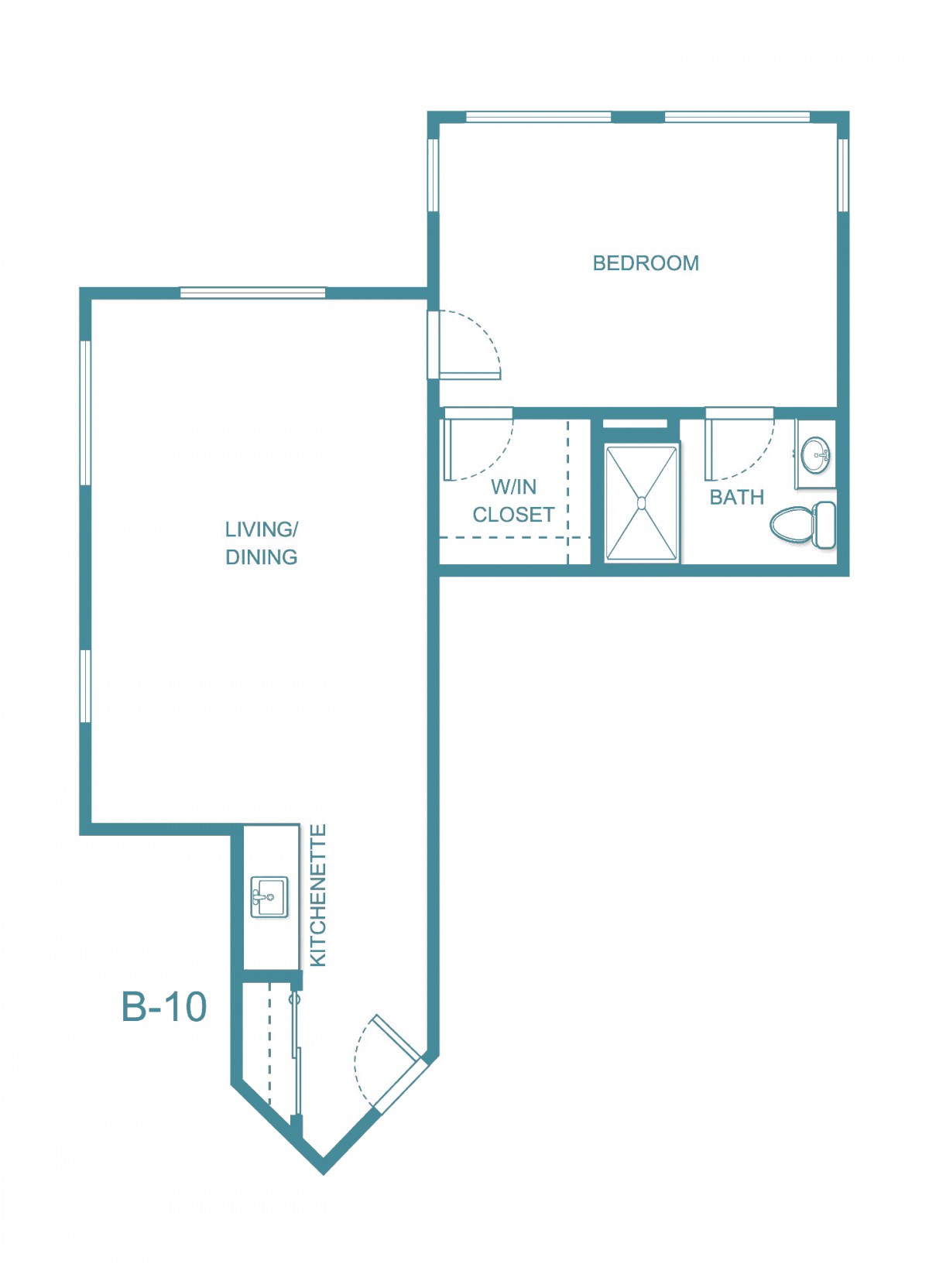 A detailed blueprint of an apartment floor plan, showcasing the arrangement of rooms including a bedroom, living area, kitchen, and bathroom.