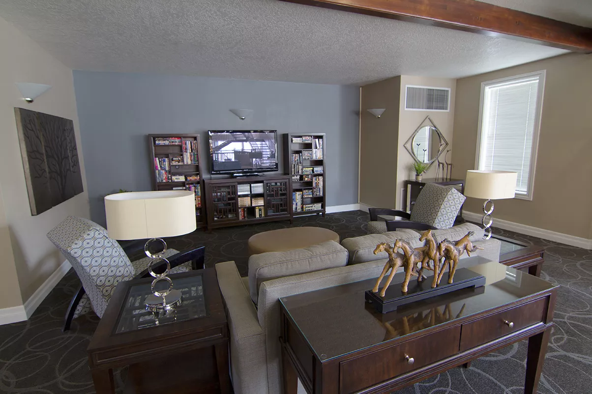 A cozy living room with comfortable seating, a television, and stylish decor.