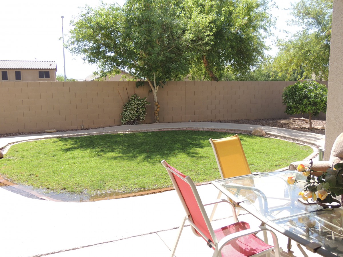A sunny backyard with a patio, lawn, and outdoor seating.