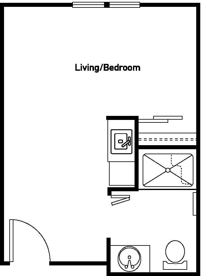 Floor plan of a studio apartment showing the living/bedroom area and kitchenette.