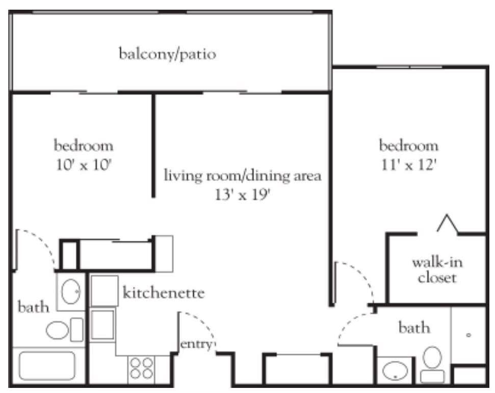 A two-bedroom apartment floor plan with labeled room dimensions and a balcony.