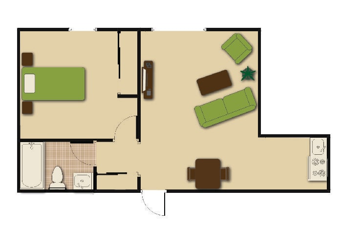 A simple floor plan showing the layout of a one-bedroom apartment with a living area, bedroom, and bathroom.