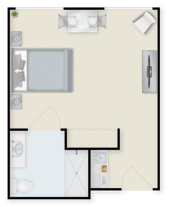 A floor plan of a one-bedroom apartment featuring an open living area, bedroom, and bathroom.
