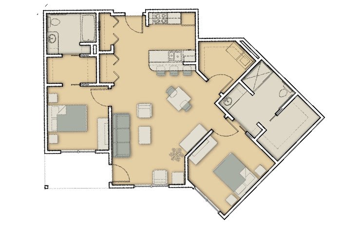 A detailed floor plan of a two-bedroom apartment with living and dining areas.