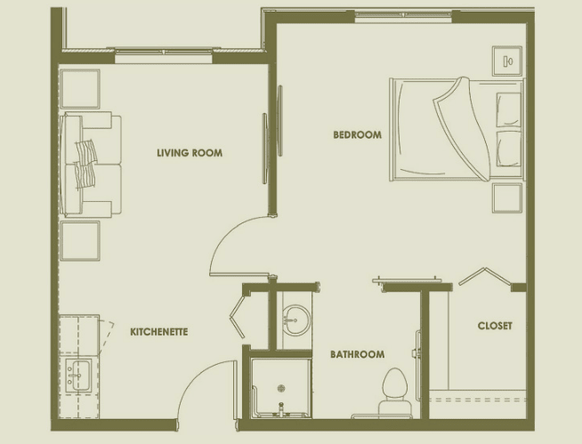 A layout of an apartment showing a bedroom, bathroom, closet, kitchenette, and living area.