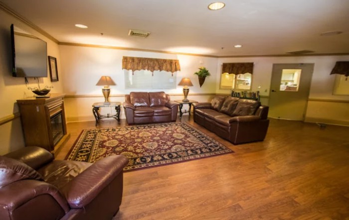 Cozy living room with leather sofas and a patterned carpet