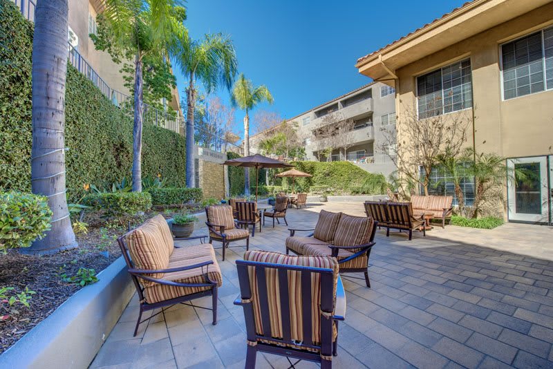 A sunny patio with comfortable outdoor seating surrounded by palm trees and garden greenery.