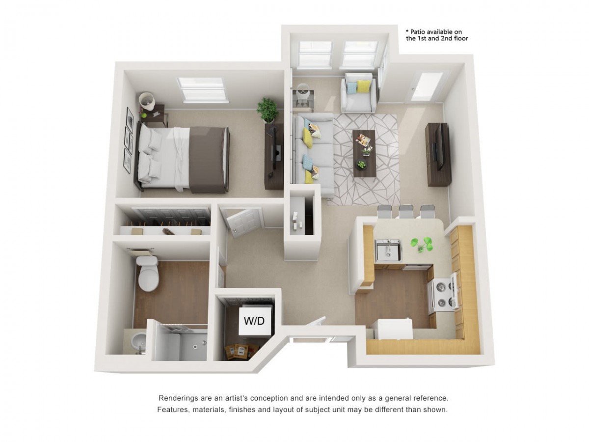 3D floor plan of a modern one-bedroom apartment with open living space.