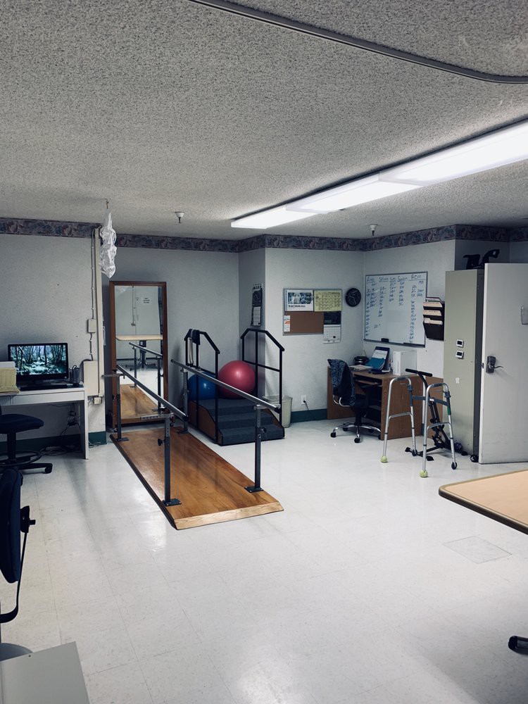 A rehabilitation room equipped with parallel bars and a therapy ball, providing a clinical setting for physical therapy exercises.