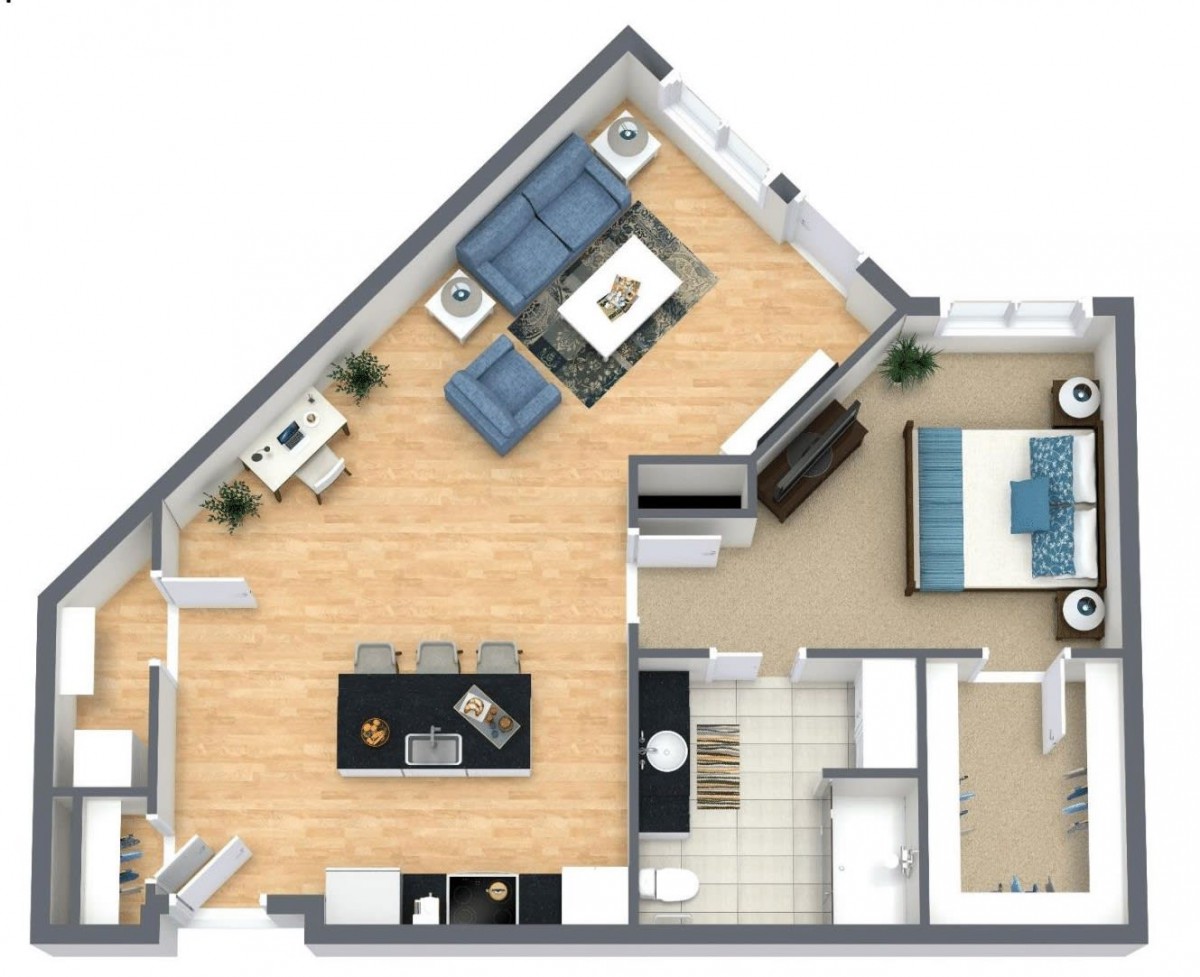 A modern apartment floor plan featuring a spacious living area, an open kitchen, and a bedroom.