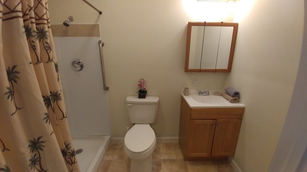 A small bathroom featuring a shower, toilet, sink with vanity, and a simple decor.