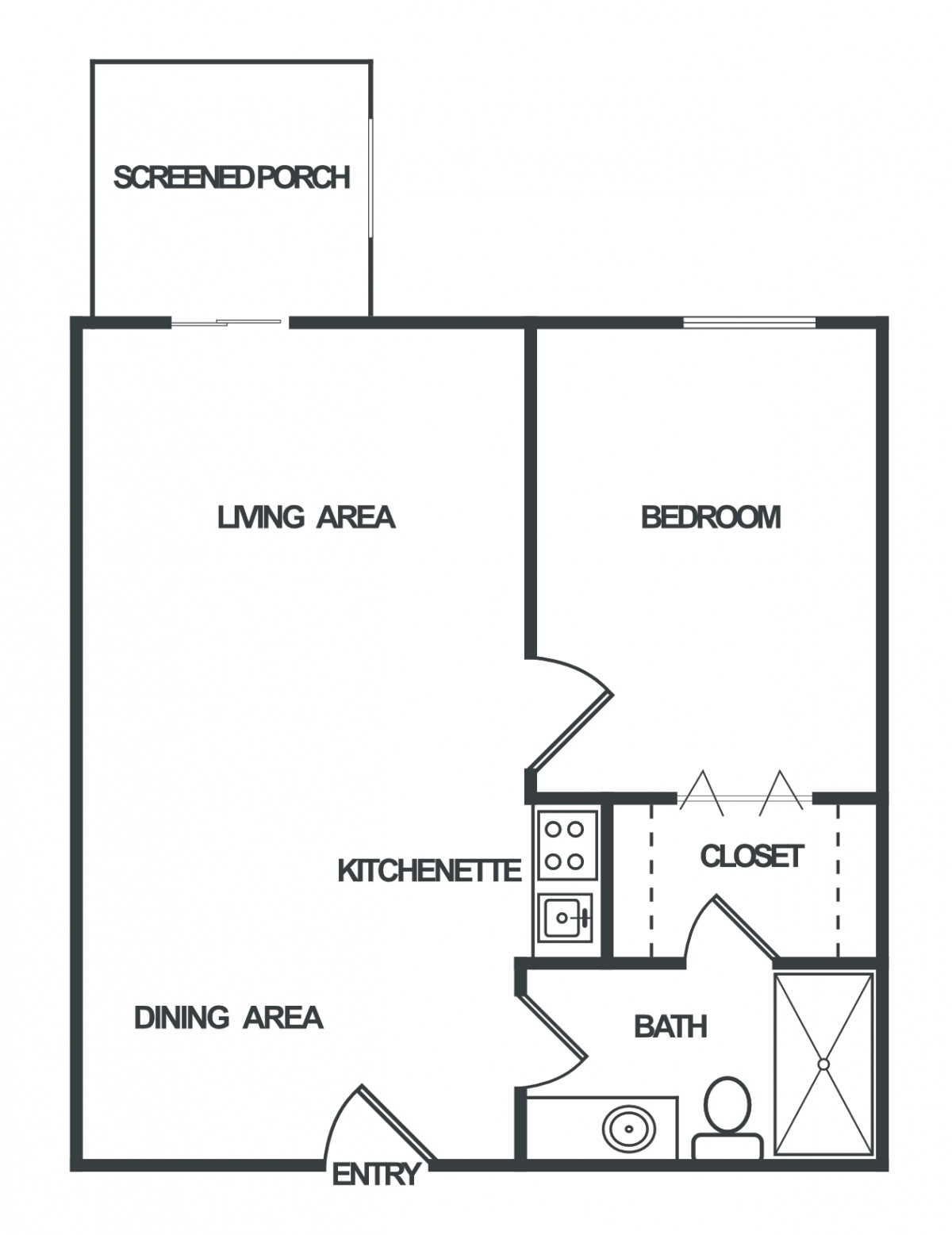 A simple floor plan of an apartment featuring a living area, bedroom, kitchenette, dining area, bathroom, closet, and screened porch.
