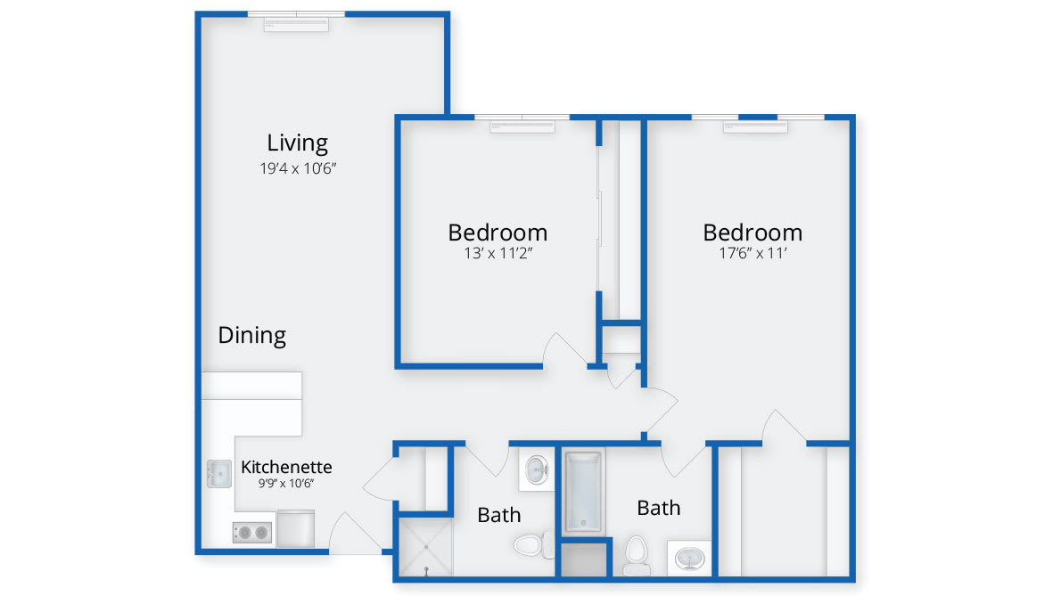 A two-bedroom apartment floor plan featuring a living room, kitchen, and two bathrooms.