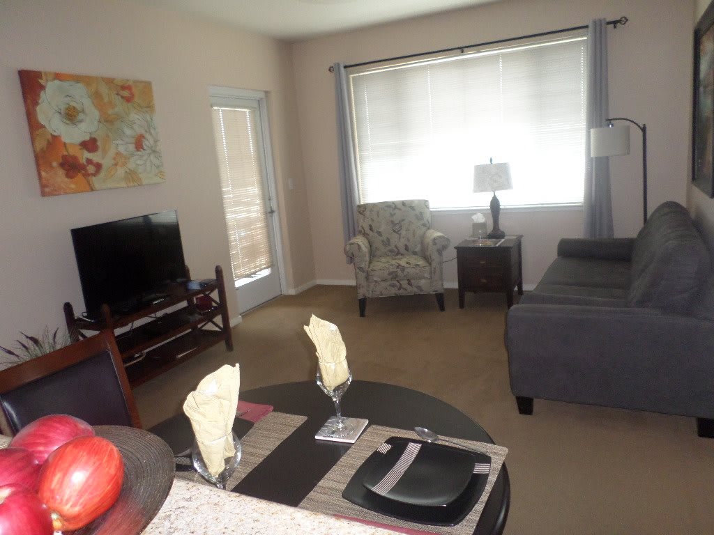 A cozy living room featuring a TV, sofa, and dining area with table settings.