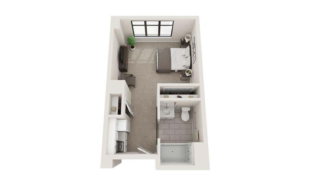 A 3D rendering of a minimalist studio apartment floor plan.