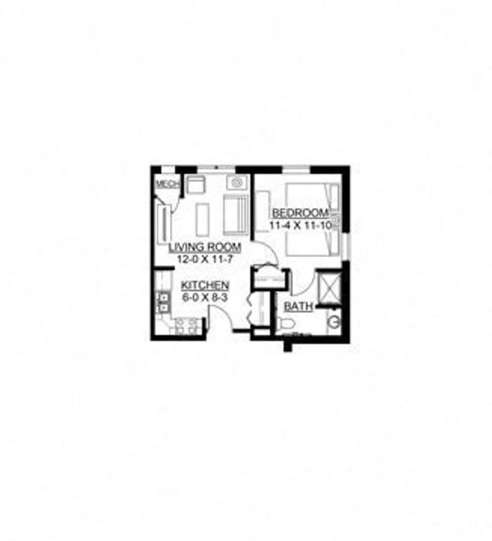 A compact floor plan of an apartment featuring a living room, kitchen, bedroom, and bathroom.