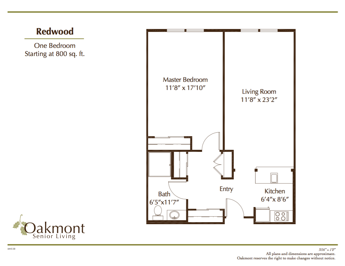 One-bedroom apartment floor plan detailing room dimensions and layout.