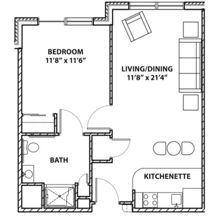 A simple floor plan of a one-bedroom apartment with a living/dining area, kitchenette, and bathroom.