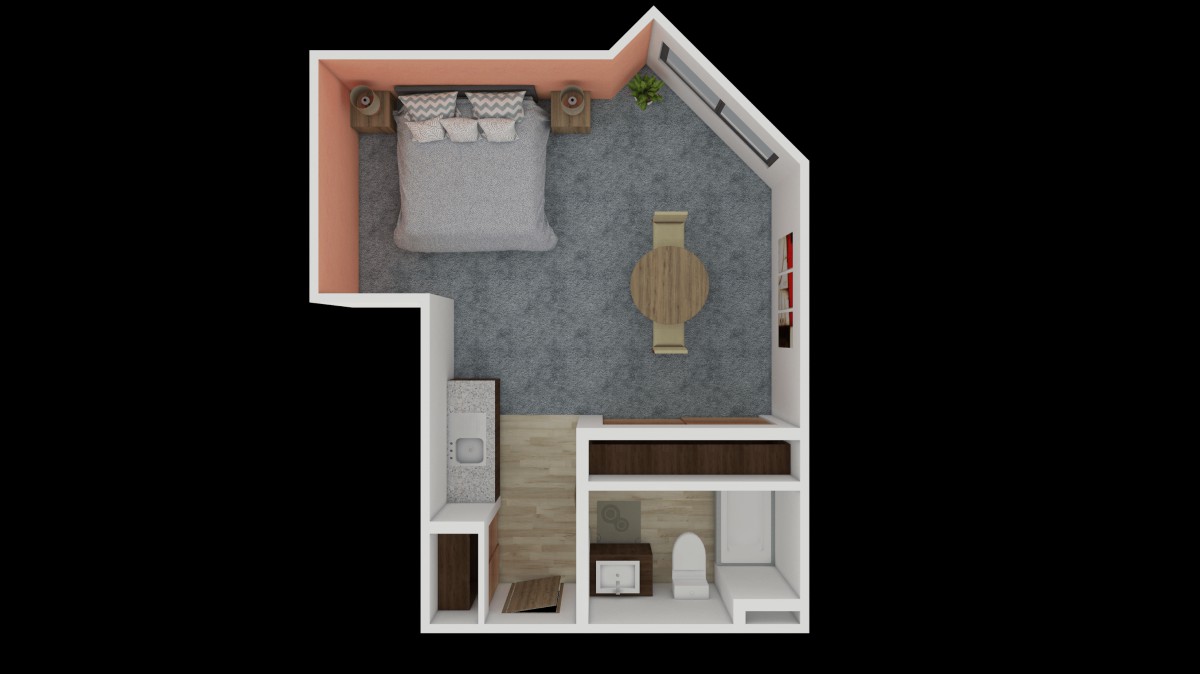 A compact apartment floor plan featuring a bedroom, living area, and bathroom.