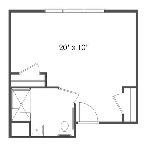 A simple floor plan with a 20x10 foot room and a small bathroom.